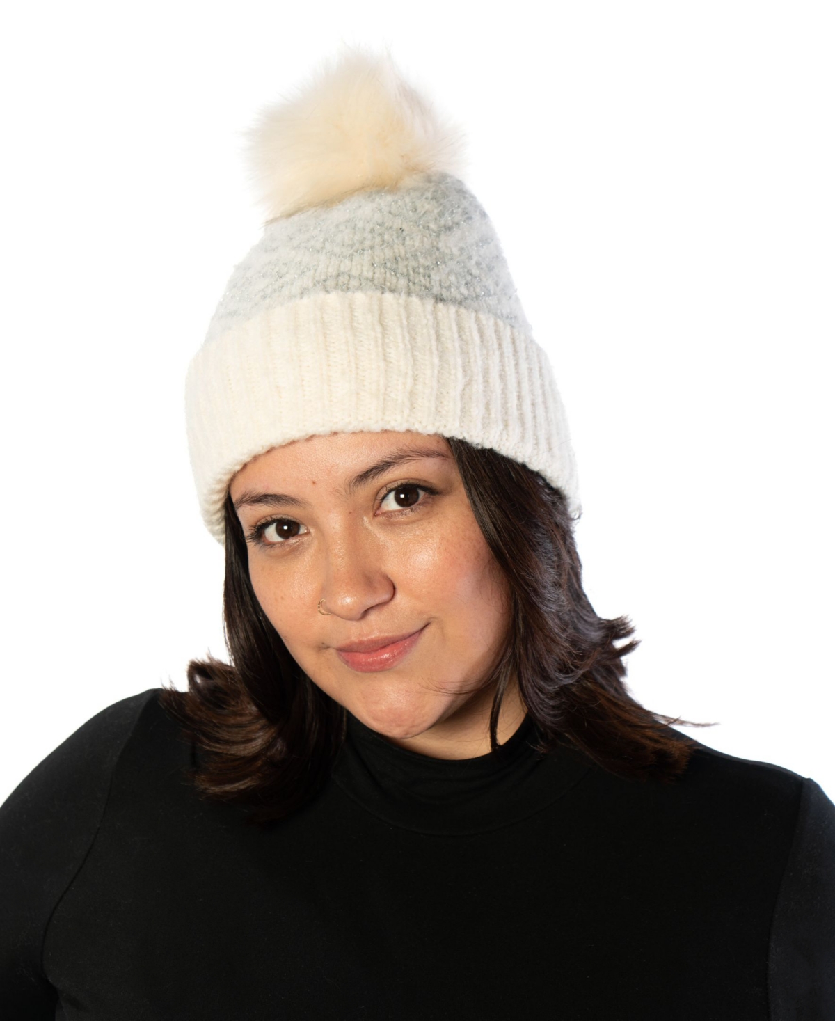 Marcus Adler Geo Lurex Print Beanie With Pom In Ivory