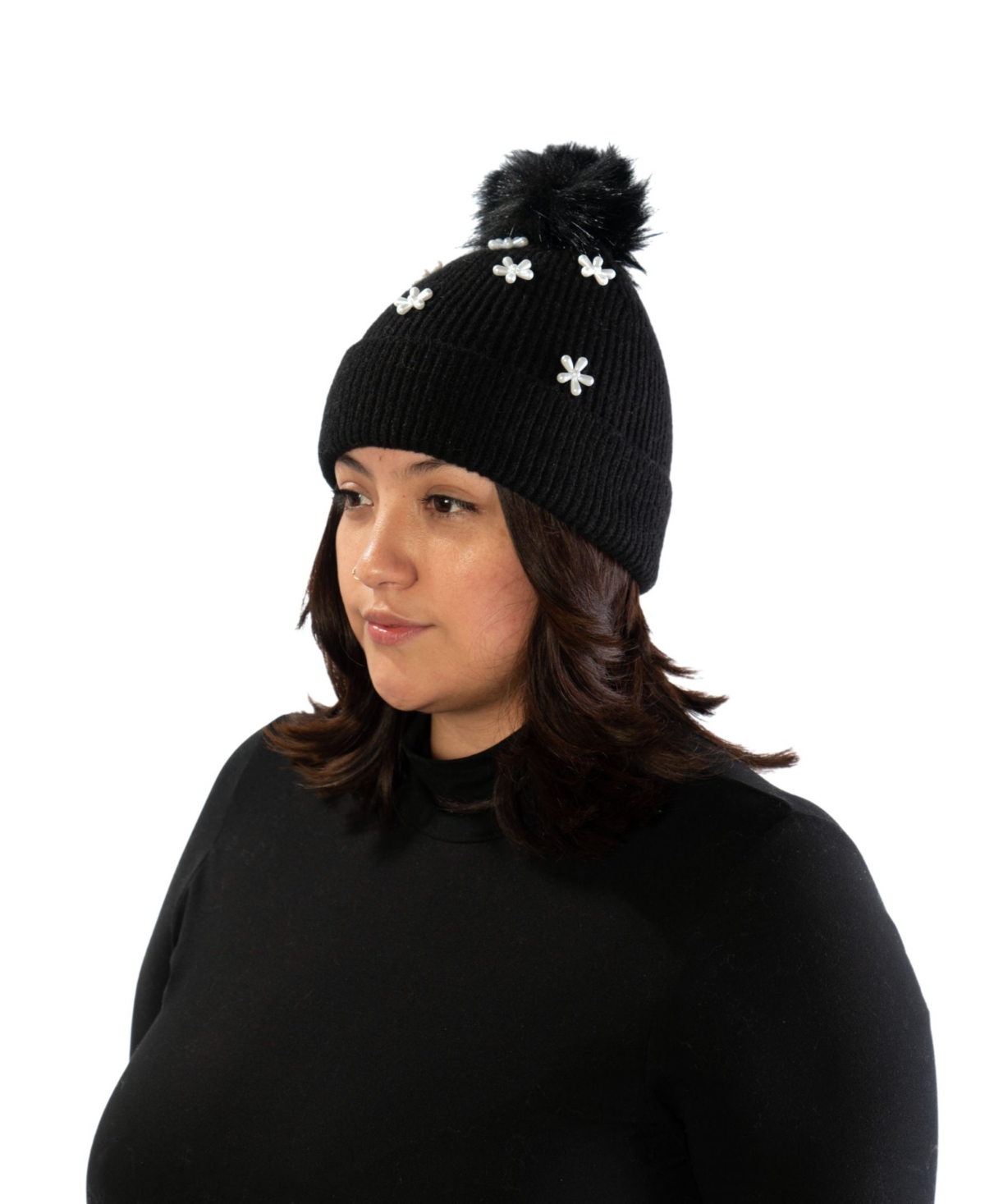 Marcus Adler Imitation Pearl Flower Pom Beanie