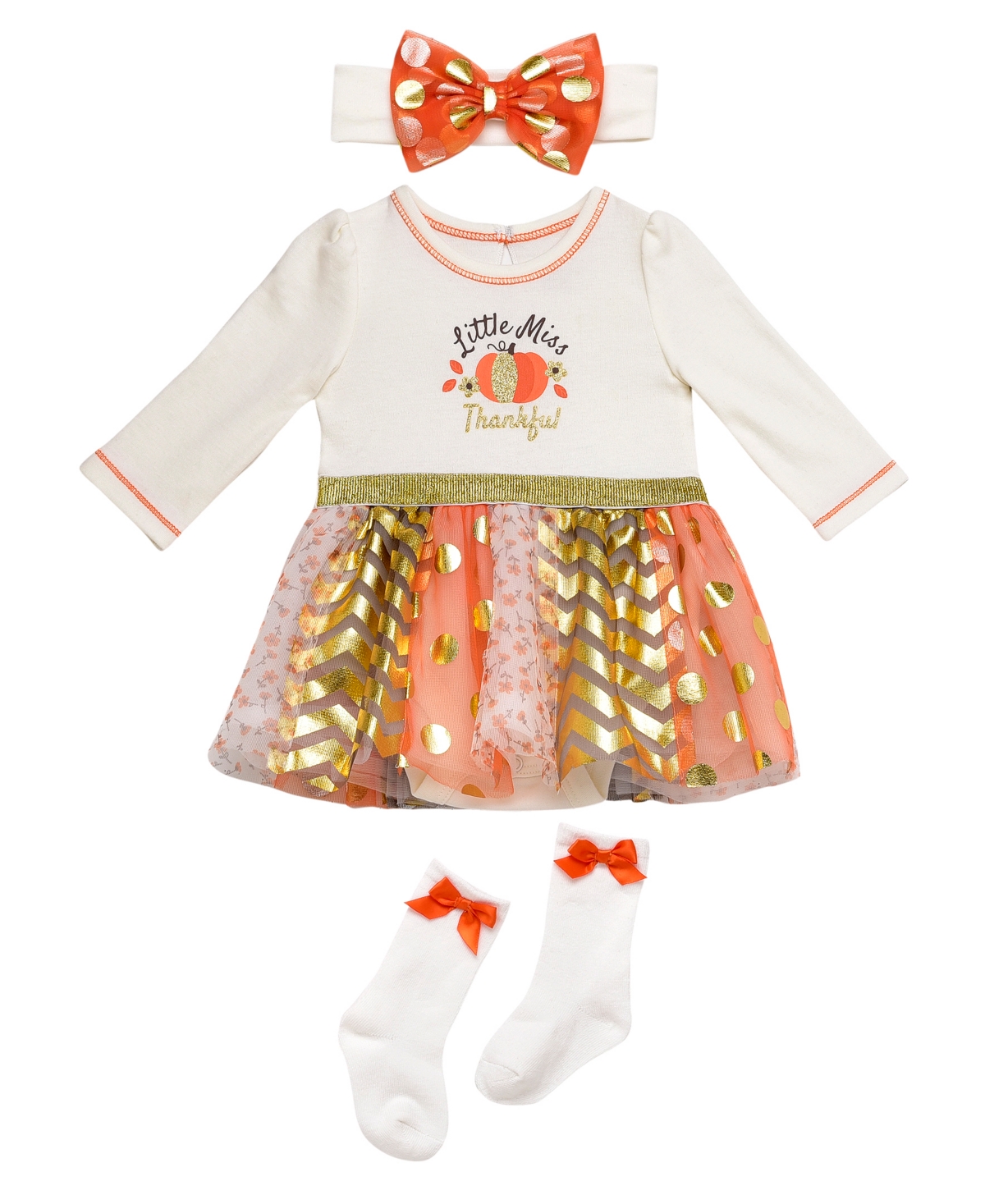 Baby Starters Baby Girls Thanksgiving Dress, Headband And Socks, 3 Piece Set In Orange
