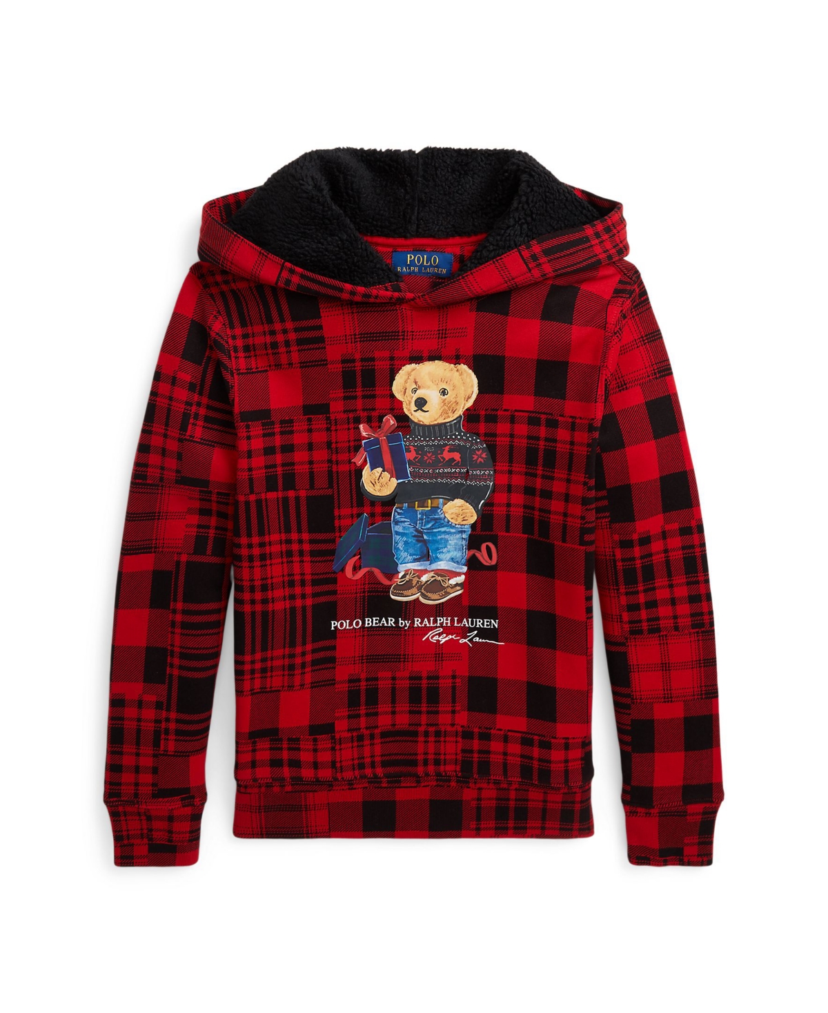 Polo Ralph Lauren Kids' Big Boys Polo Bear Plaid Fleece Hoodie In Fa23 Martn Red Multi Gift