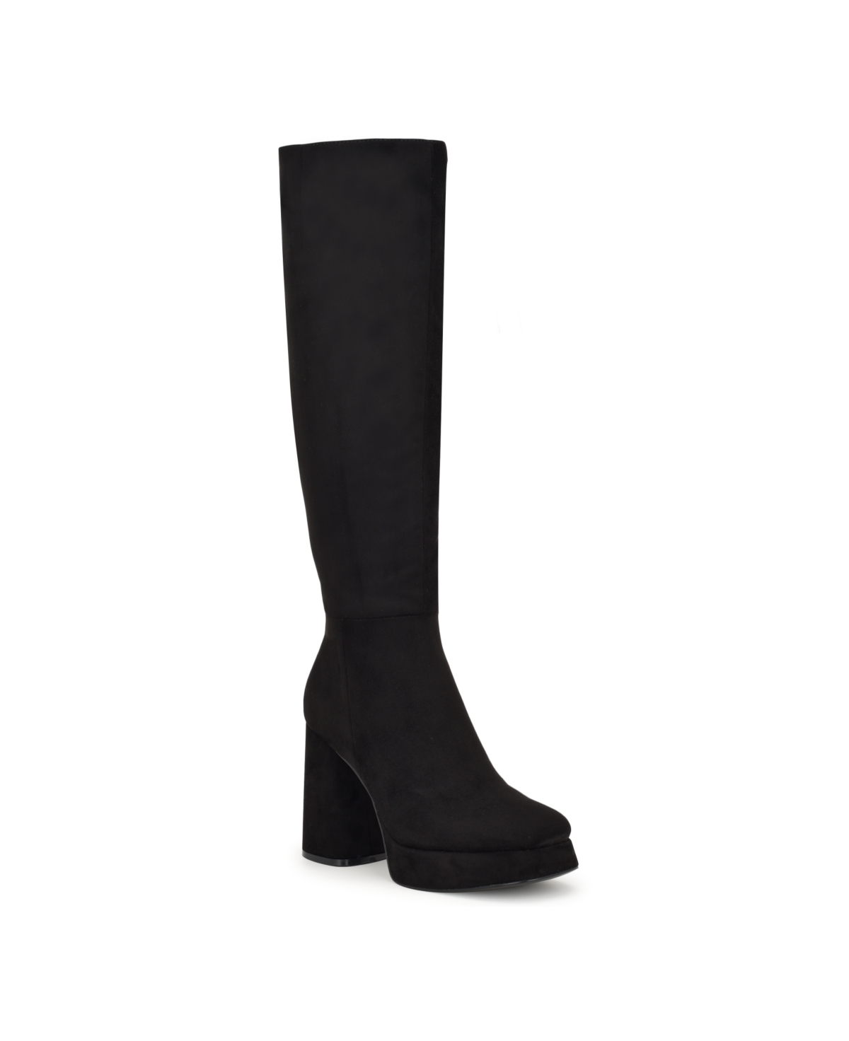 Nine West Women's Vadda Block Heel Square Toe Dress Wide Calf Boots In Black- Faux Suede