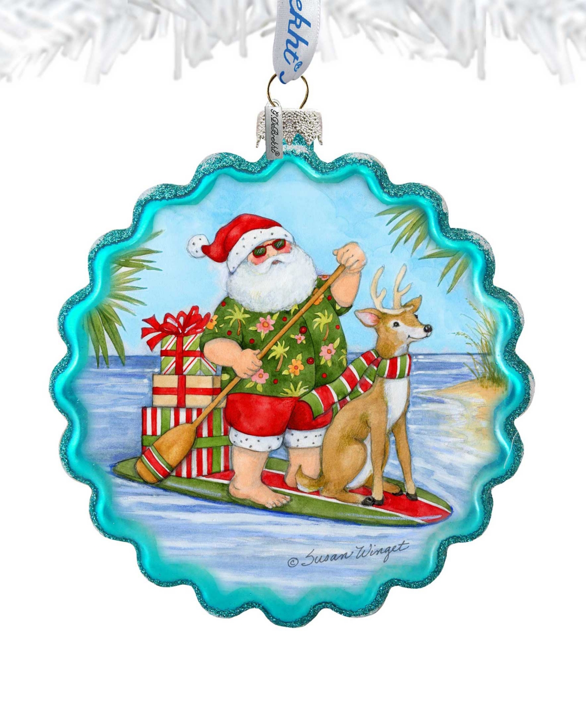 Designocracy Paddle Boarding Santa Wreath Christmas Mercury Glass Ornaments S. Winget In Multi Color