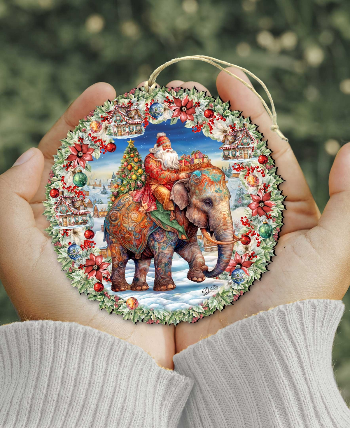 Shop Designocracy Santa On Elephant Wreath Christmas Wooden Ornaments Holiday Decor G. Debrekht In Multi Color