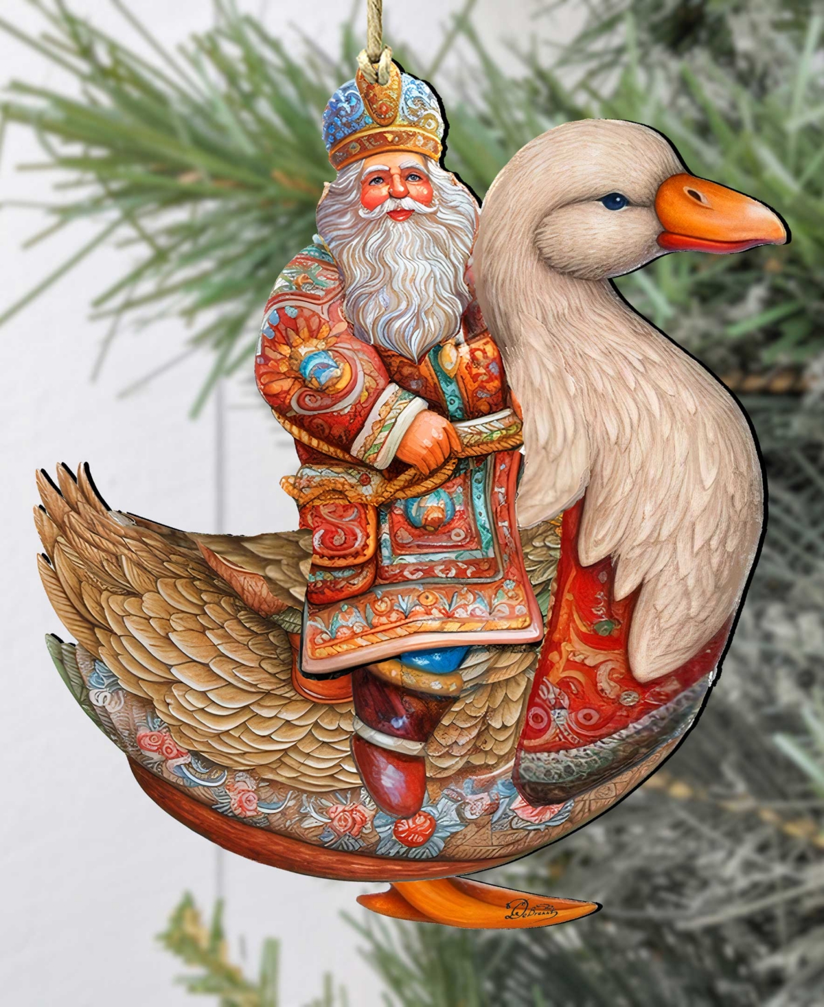 Designocracy Charming Santa On Goose Christmas Wooden Ornaments Holiday Decor G. Debrekht In Multi Color