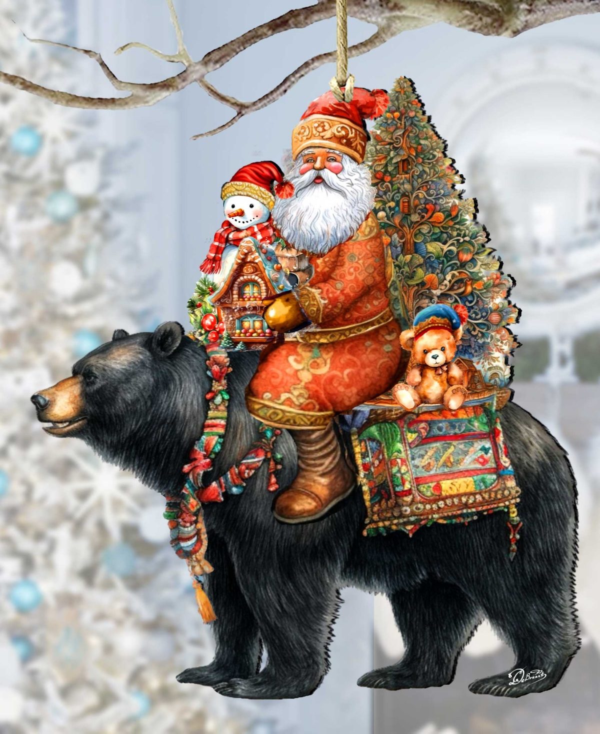 Designocracy Santa On Bear Christmas Wooden Ornaments Holiday Decor In Multi Color