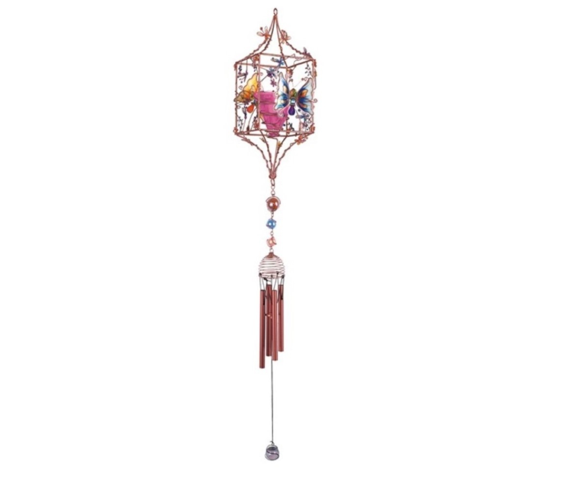 33" Long Butterfly Copper and Gem Wind Chime with Candle Holder - Multi