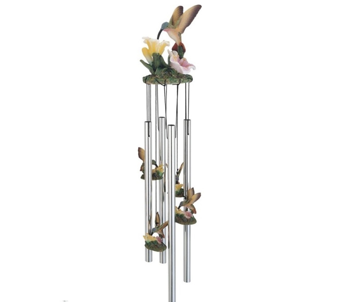 23" Long Hummingbird with Flower Round Top Wind Chime - Silver
