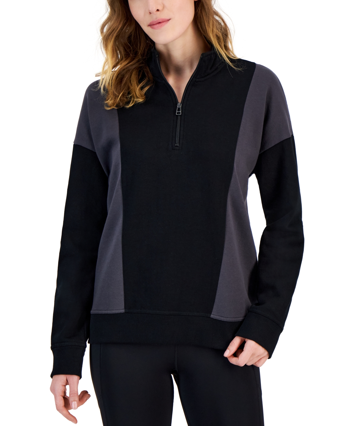Women's Colorblocked Quarter-Zip Sweatshirt, Created for Macy's - Deep Black