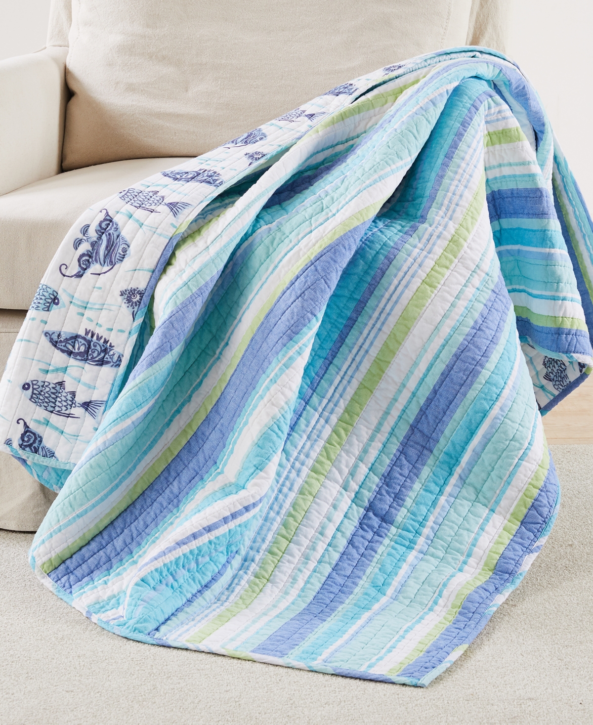 Levtex Laida Beach Whimsical Fish Reversible Quilted Throw, 50" X 60" In Blue