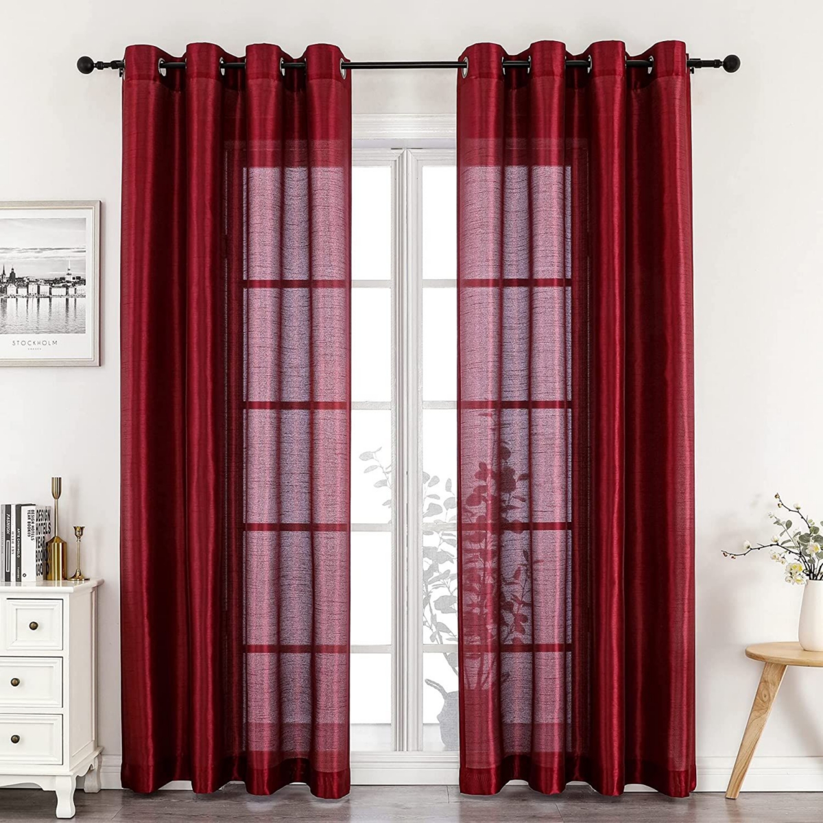 Artisan Lightweight Transparent Faux Silk Sheer Grommet Single Curtain Panel - Burgundy