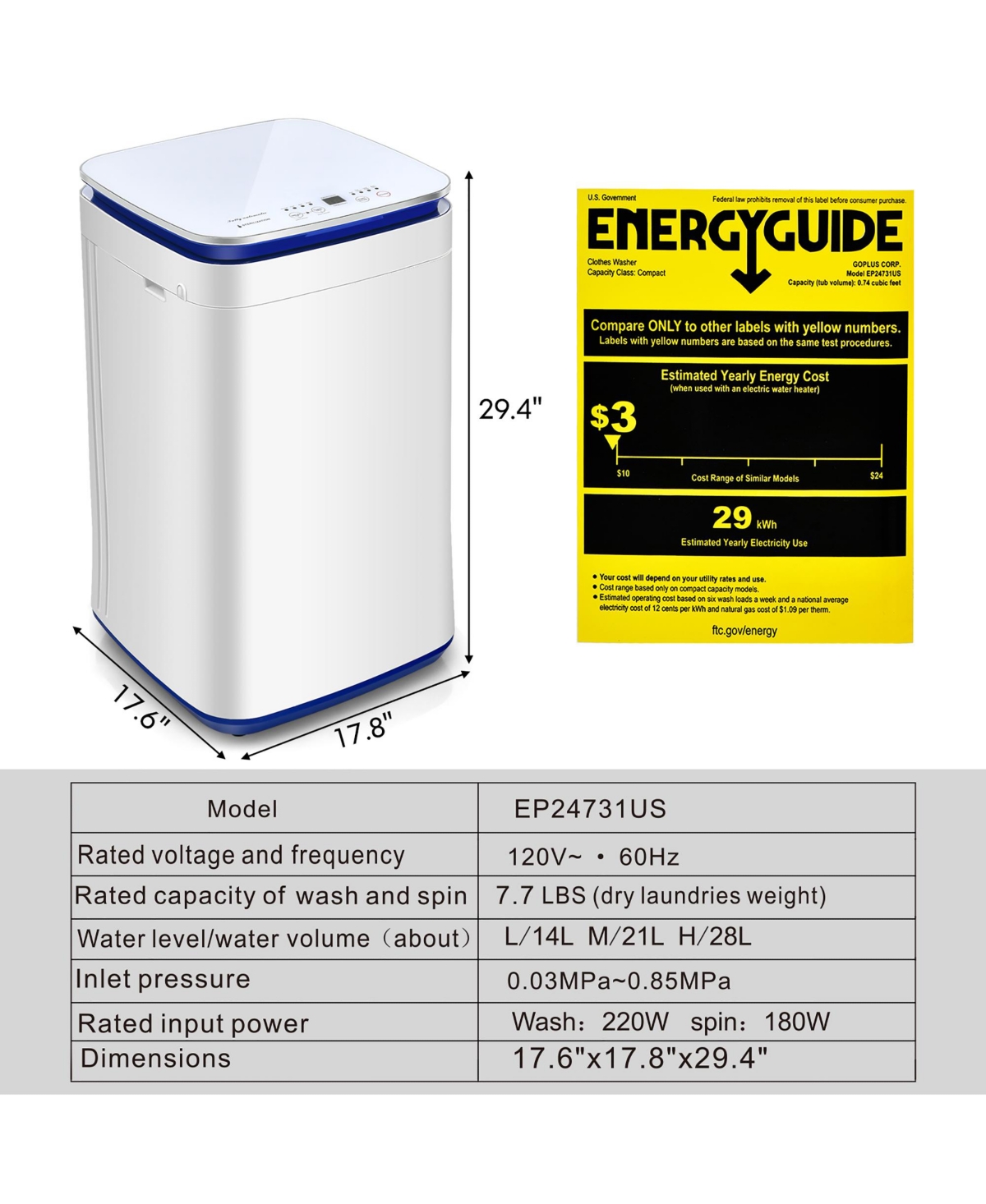 7.7 lbs Compact Full Automatic Washing Machine