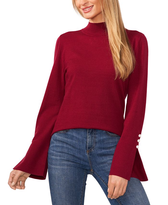 CeCe Women's Imitation Pearl Trim Split Sleeve Mock Neck Sweater Macy's