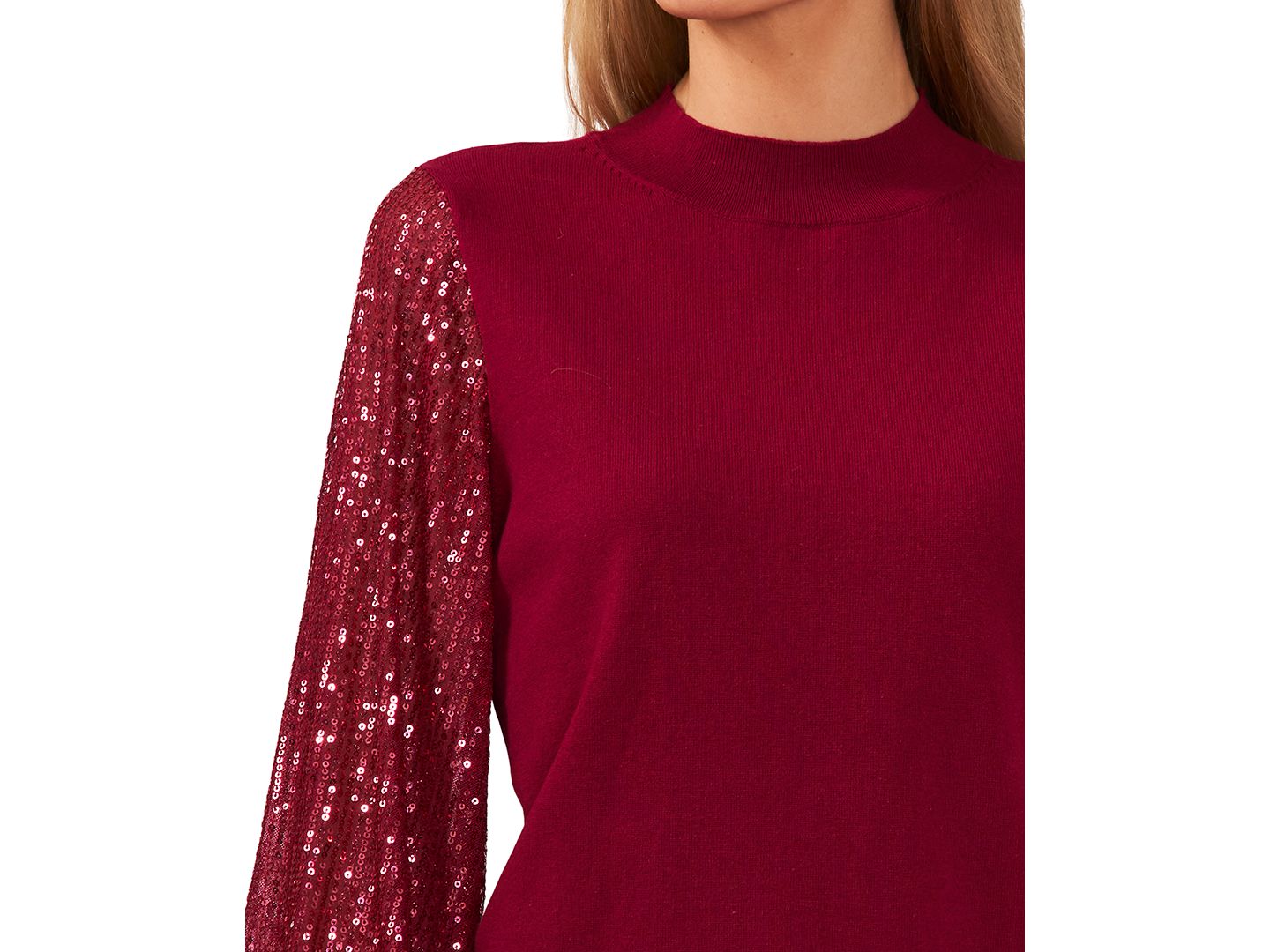 Женский свитер CeCe Sheer-Sequin-Sleeve Mock-Neck Cotton, цвет: Глубокий мерло — фото 3