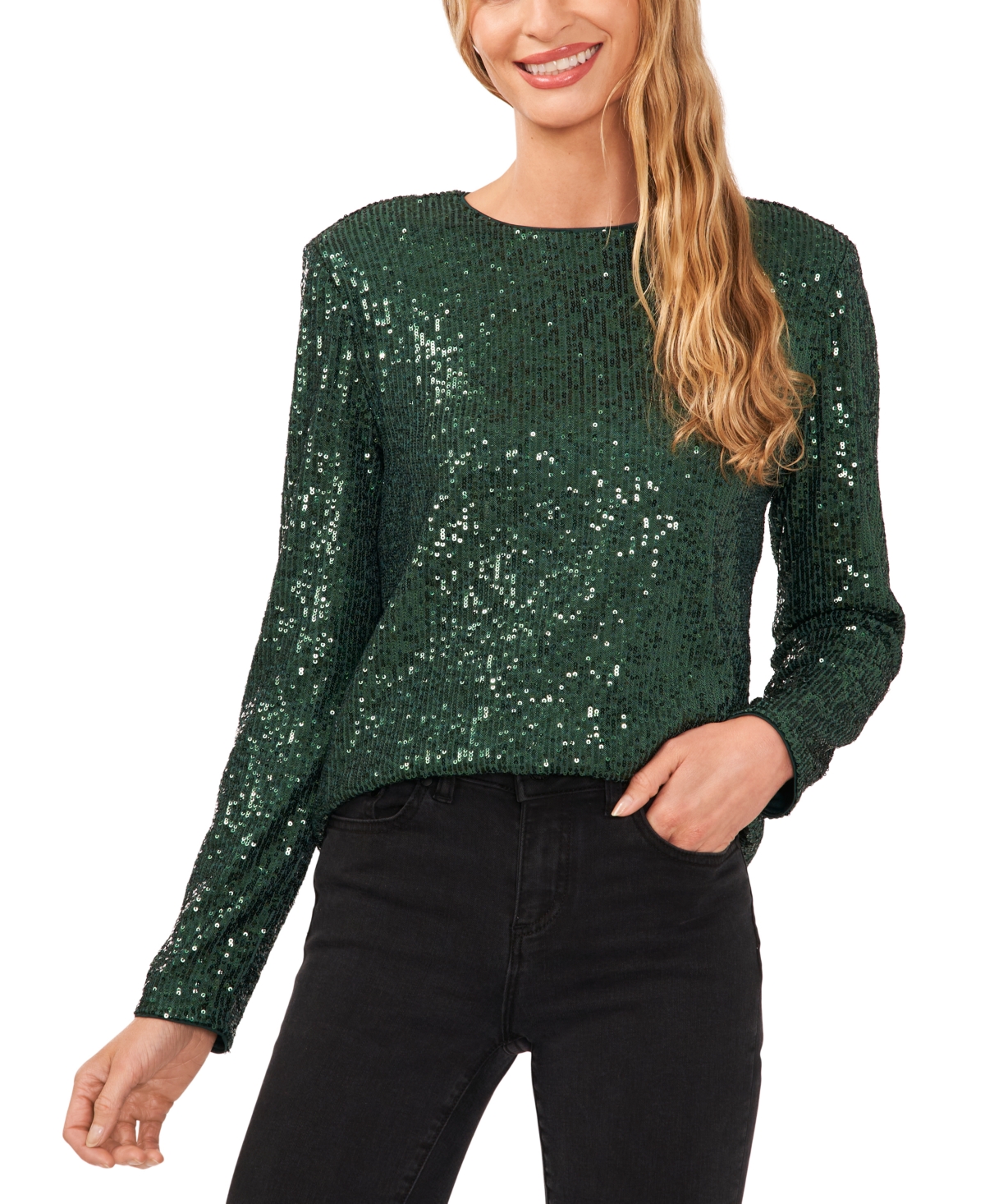 Cece Sequin Long Sleeve Top In Alpine Green