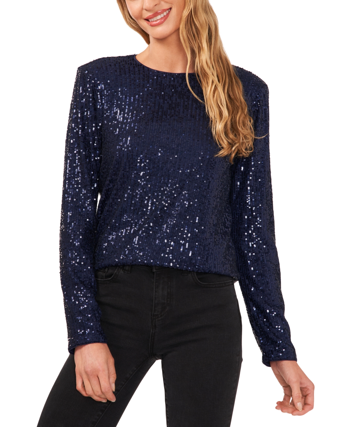 Shop Cece Women's Long-sleeve Crew Neck Sequin Blouse In Classic Navy