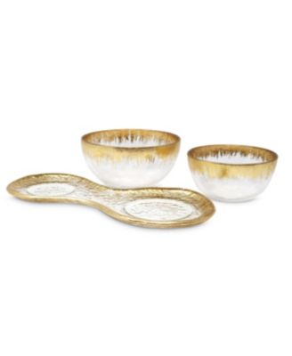 2 Bowl Relish Dish on Tray with Gold-Tone Design, 3 Piece Set