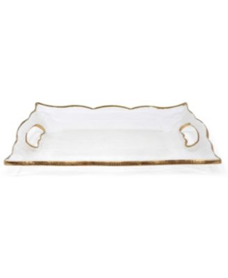 Rectangular Glass Tray with Handles and Gold-Tone Rim, 20"
