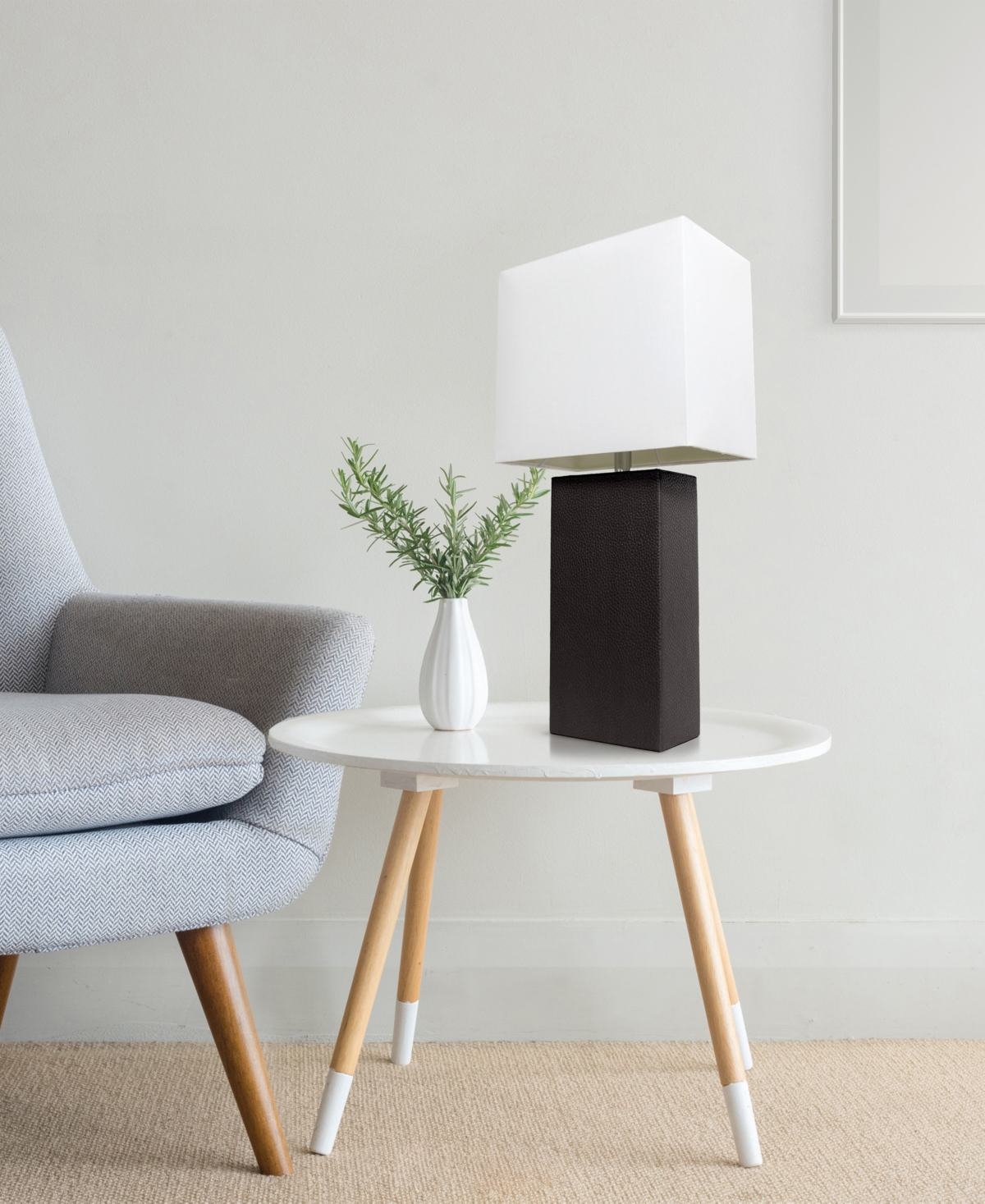 Lalia Home Lexington Leather Base Modern Home Decor Bedside Table Lamp with White Rectangular Fabric Shade
