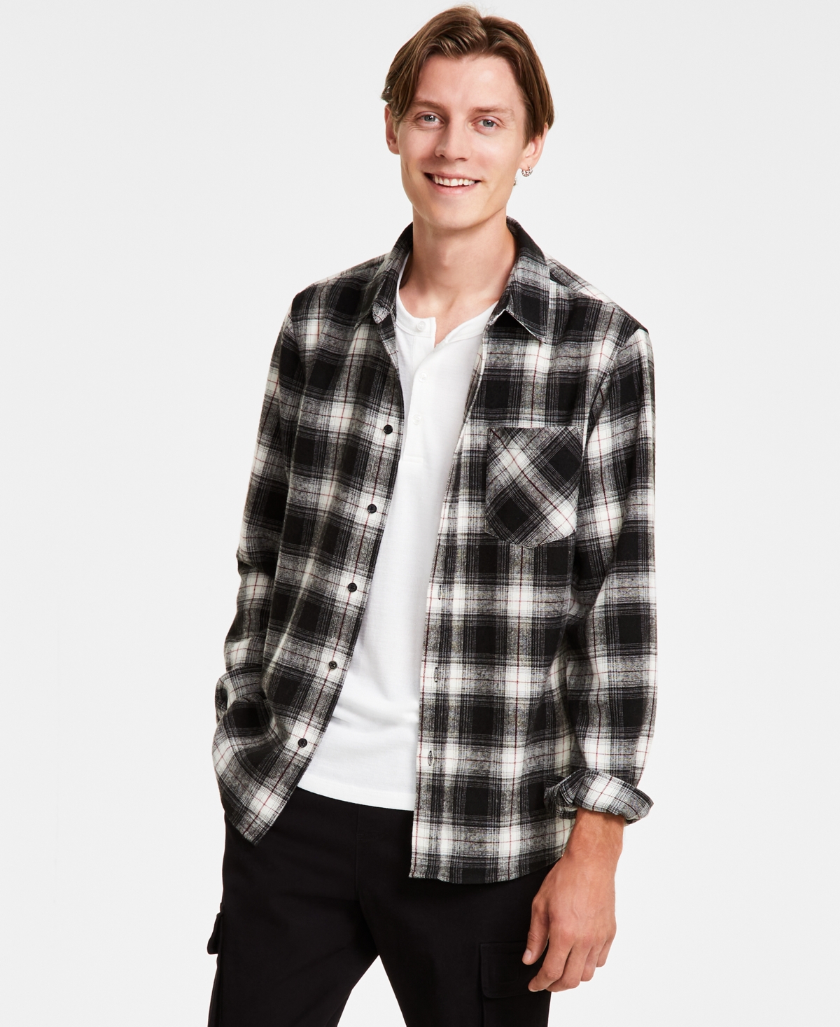 And Now This Men's Plaid Button-down Flannel Shirt, Created For Macy's In Ivory,black