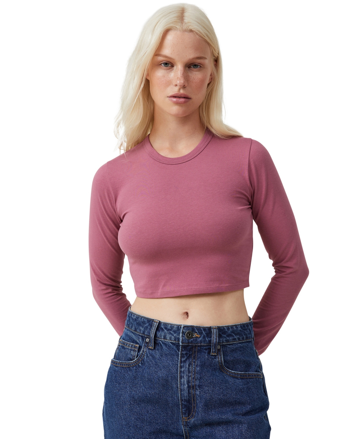 Cotton On Women's Micro Crop Long Sleeve Top In Soft Berry