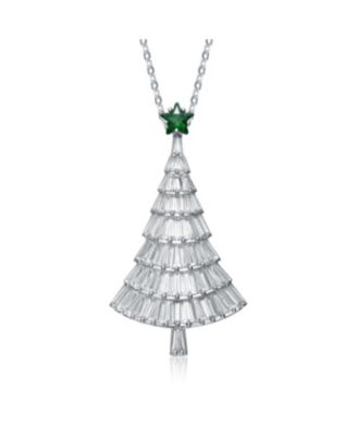 Festive Christmas Tree Pendant/Brooch in White Gold Plating with Cubic Zirconia in White and Green