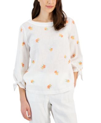 Charter Club - Women's Linen Embroidered Tie-Cuff Top