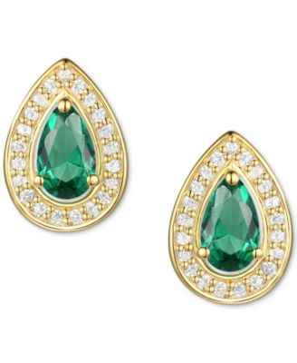 Lab-Grown Emerald (1/3 ct. t.w.) & Lab-Grown White Sapphire (1/6 ct. t.w.) Pear Halo Stud Earrings in 14k Gold-Plated Sterling Silver (Also in Tanzanite)