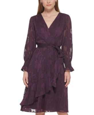 Jessica Howard - Women's Faux-Wrap Smock-Cuff Belted Midi Dress