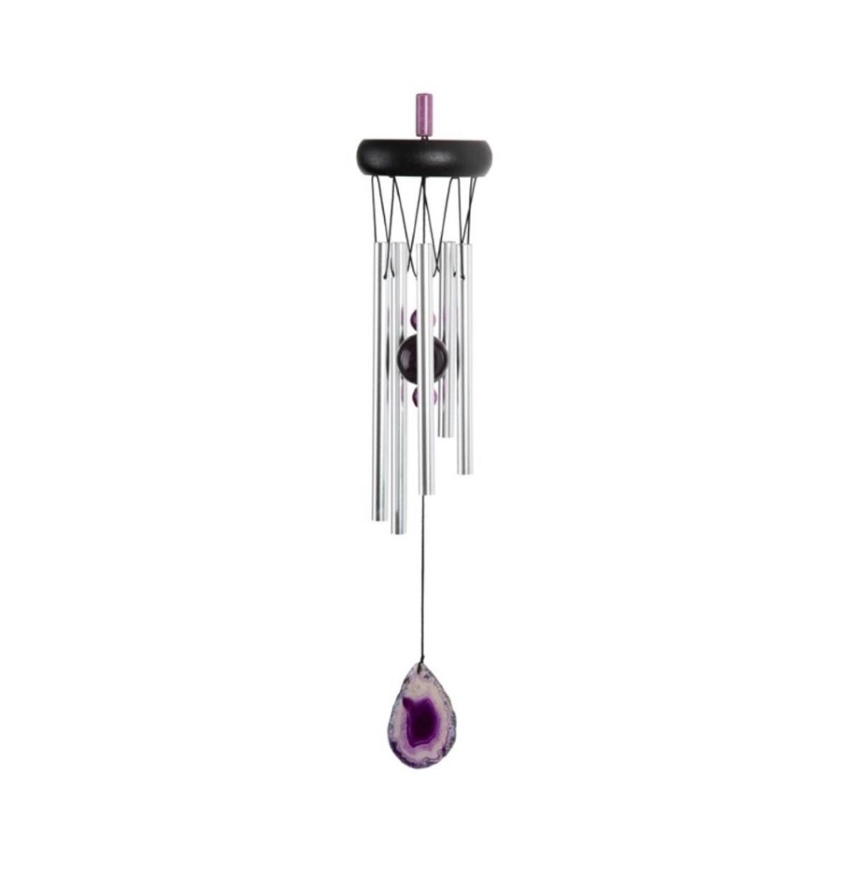20" Long Wooden Top Purple Geode Wind Chime Home Decor Perfect Gift for House Warming, Holidays and Birthdays - Silver