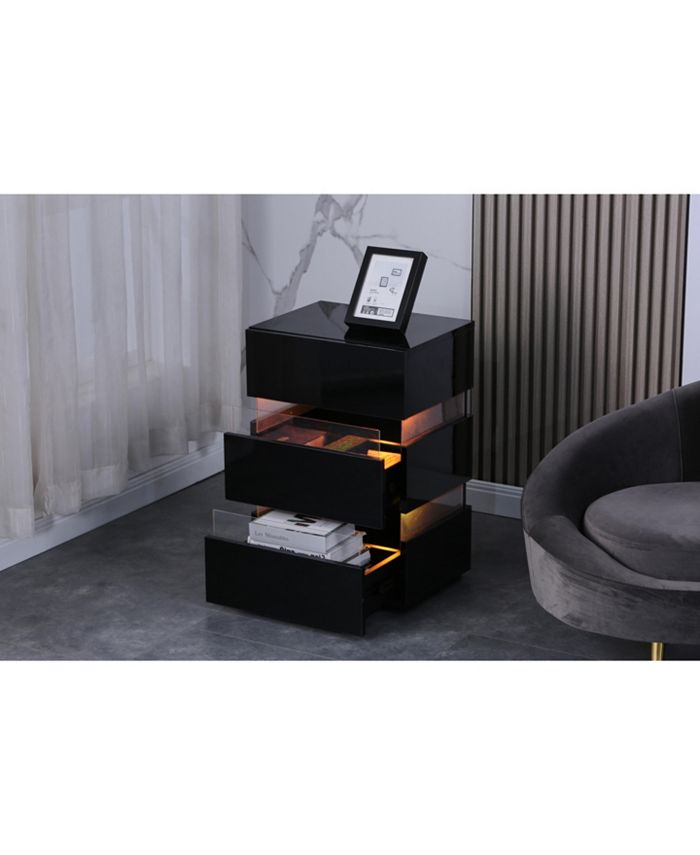 Simplie Fun High Gloss LED Side Table, Modern Nightstands with 3 Drawer