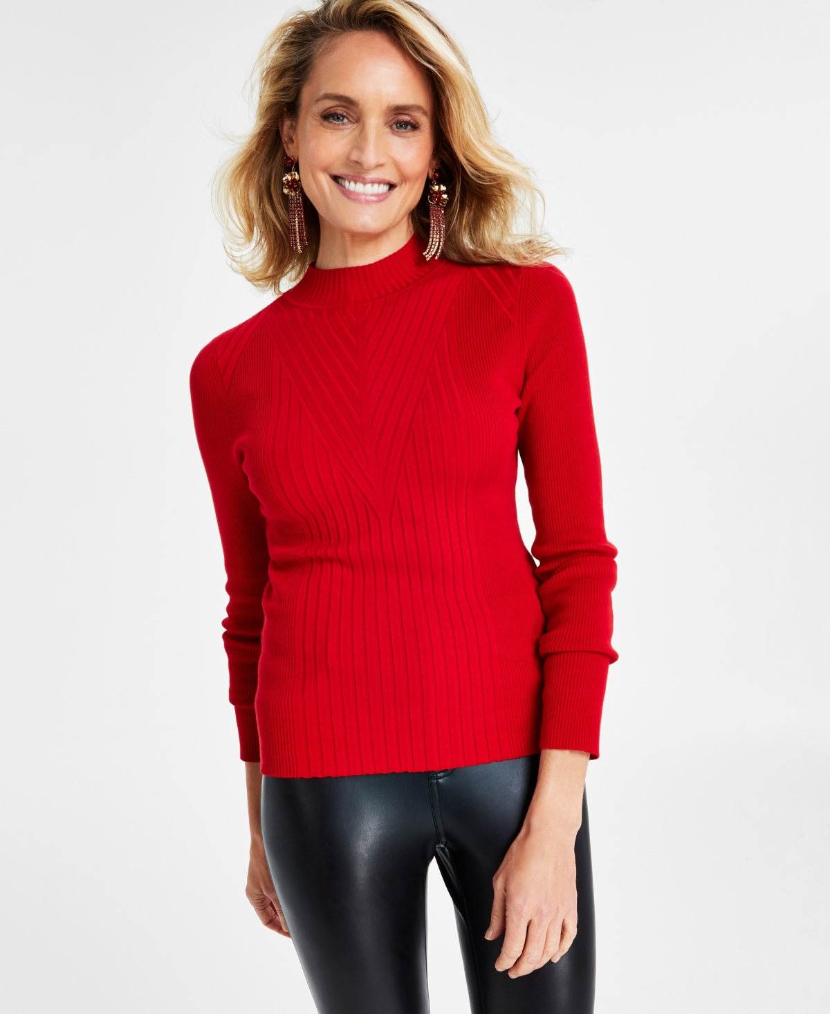 Inc International Concepts Women's Detail Ribbed Mock Neck Sweater, Created For Macy's In Red Zenith
