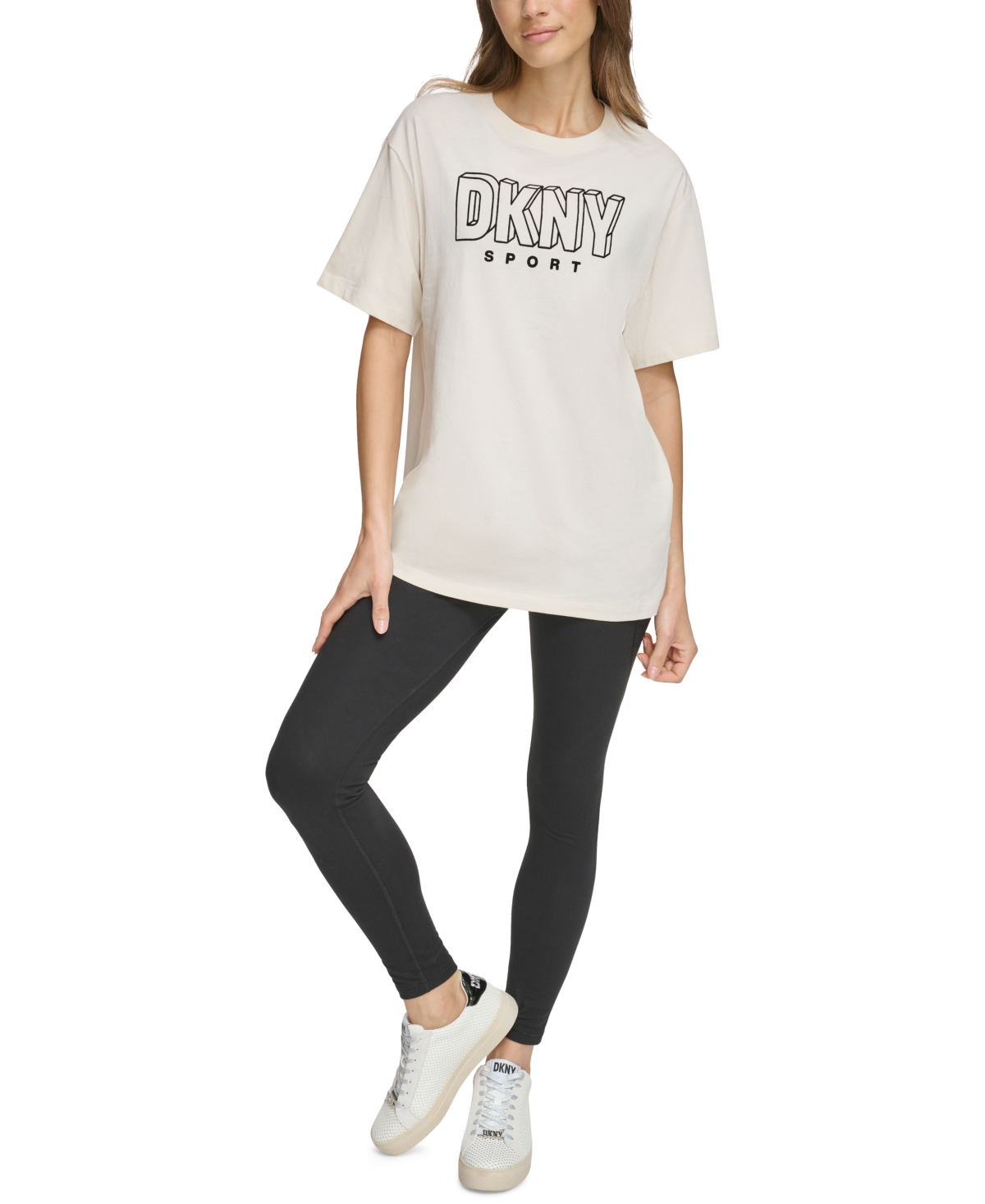 Dkny Sport Women's Cotton Flocked-Logo Crewneck Drop Shoulder Tee - Sand