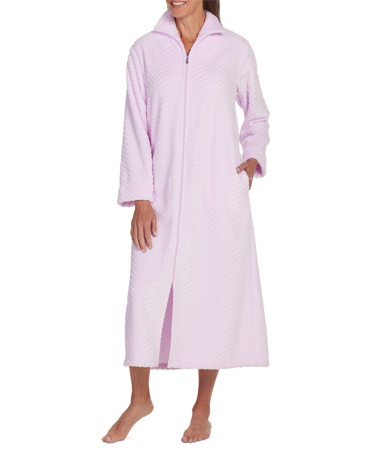 Miss Elaine Petite Solid Long-sleeve Long Zip Robe In Lavender