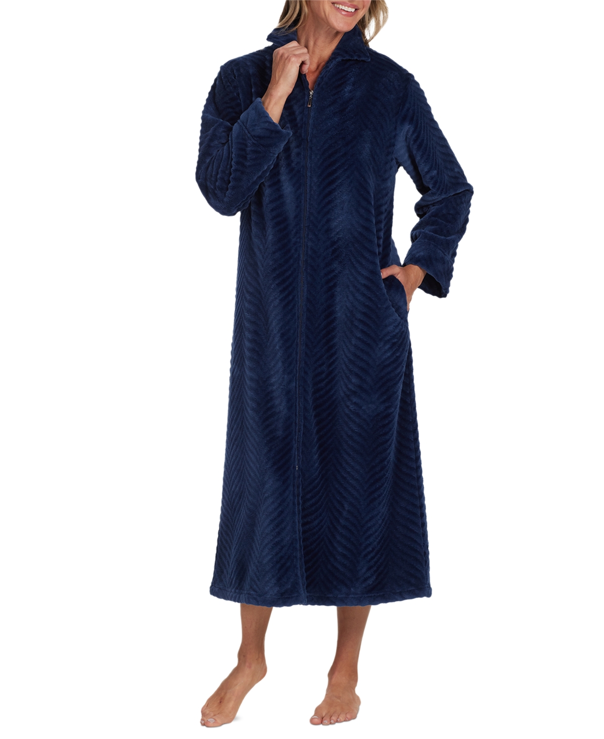 Miss Elaine Women's Textured Zip-front Robe In Midnight Blue