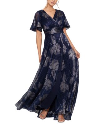 Petite Foil-Print Flutter-Sleeve Maxi Dress