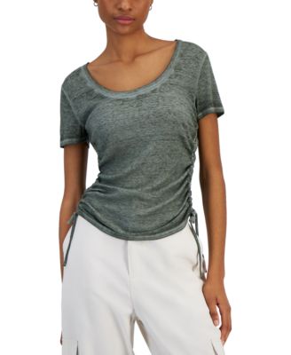 Derek Heart - Juniors' Side-Ruched Short-Sleeve Burnout T-Shirt