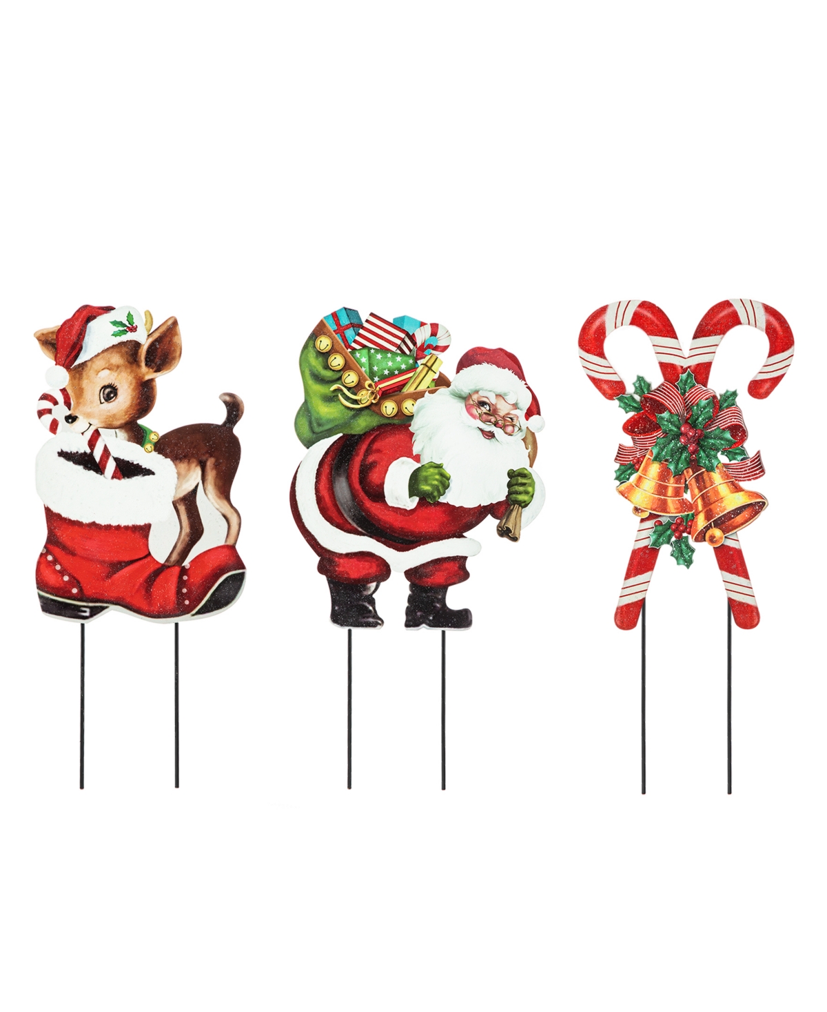 Glitzhome 24" H Metal Glitter Santa, Reindeer And Candy Cane Yard Stake, Set Of 3 In Multi
