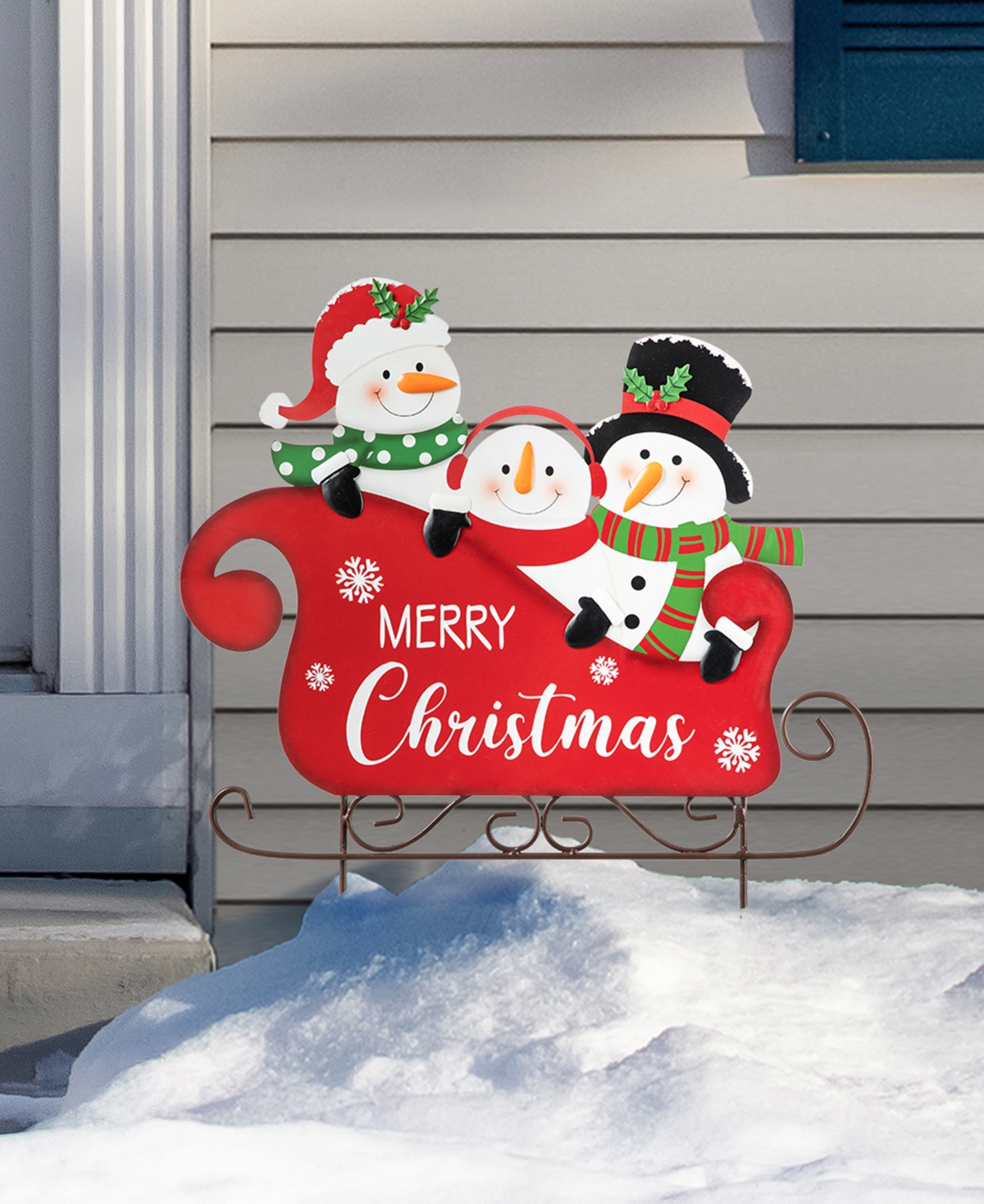 Glitzhome 24" H Metal Snowmen Riding Sleigh Yard Stake In Multi