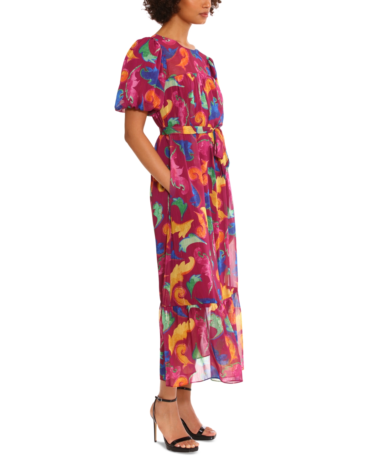 Shop Donna Morgan Women's Puff-sleeve Tie-belt Printed Dress In Ripe Plum,azalea