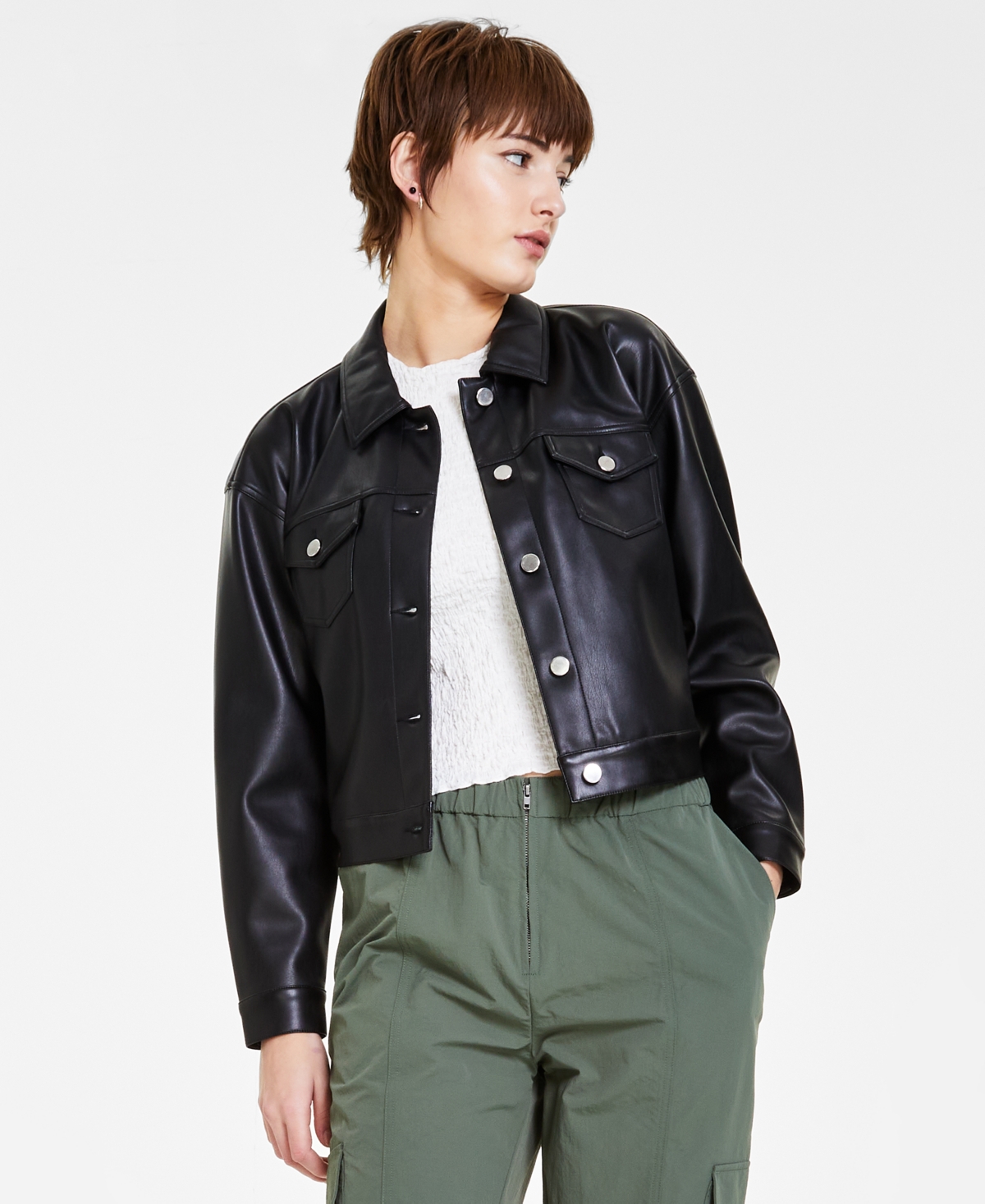 Petite Cropped Long-Sleeve Faux-Leather Jacket, Created for Macy's - Deep Black