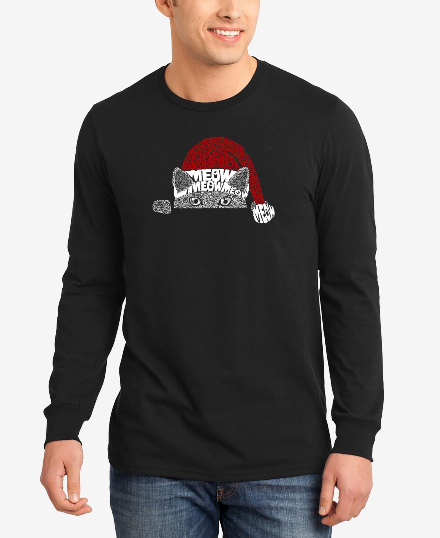 Men's Christmas Peeking Cat Word Art Long Sleeve T-shirt