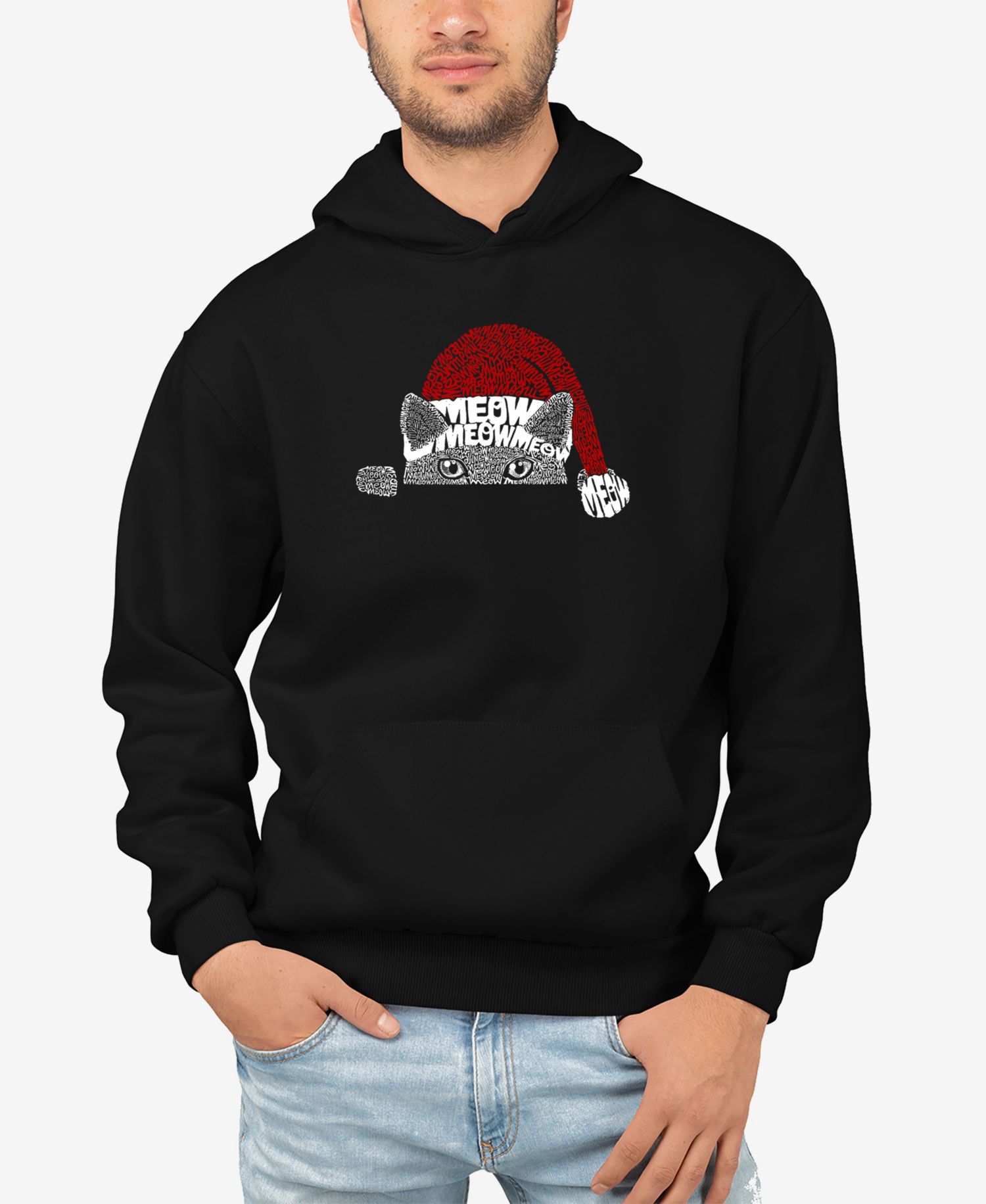 Men's Christmas Peeking Cat Word Art Hooded Sweatshirt