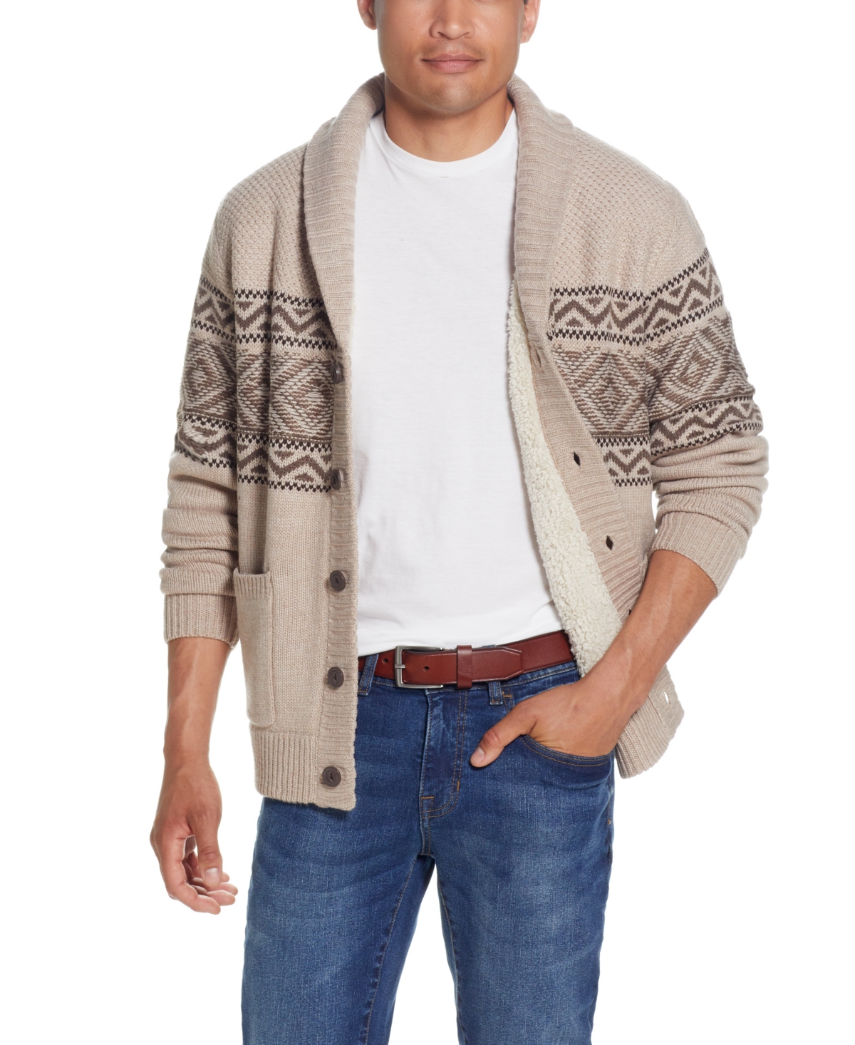 Weatherproof Vintage Men's Jacquard Sherpa Lined Button Down Sweater Jacket In Parchment Heath