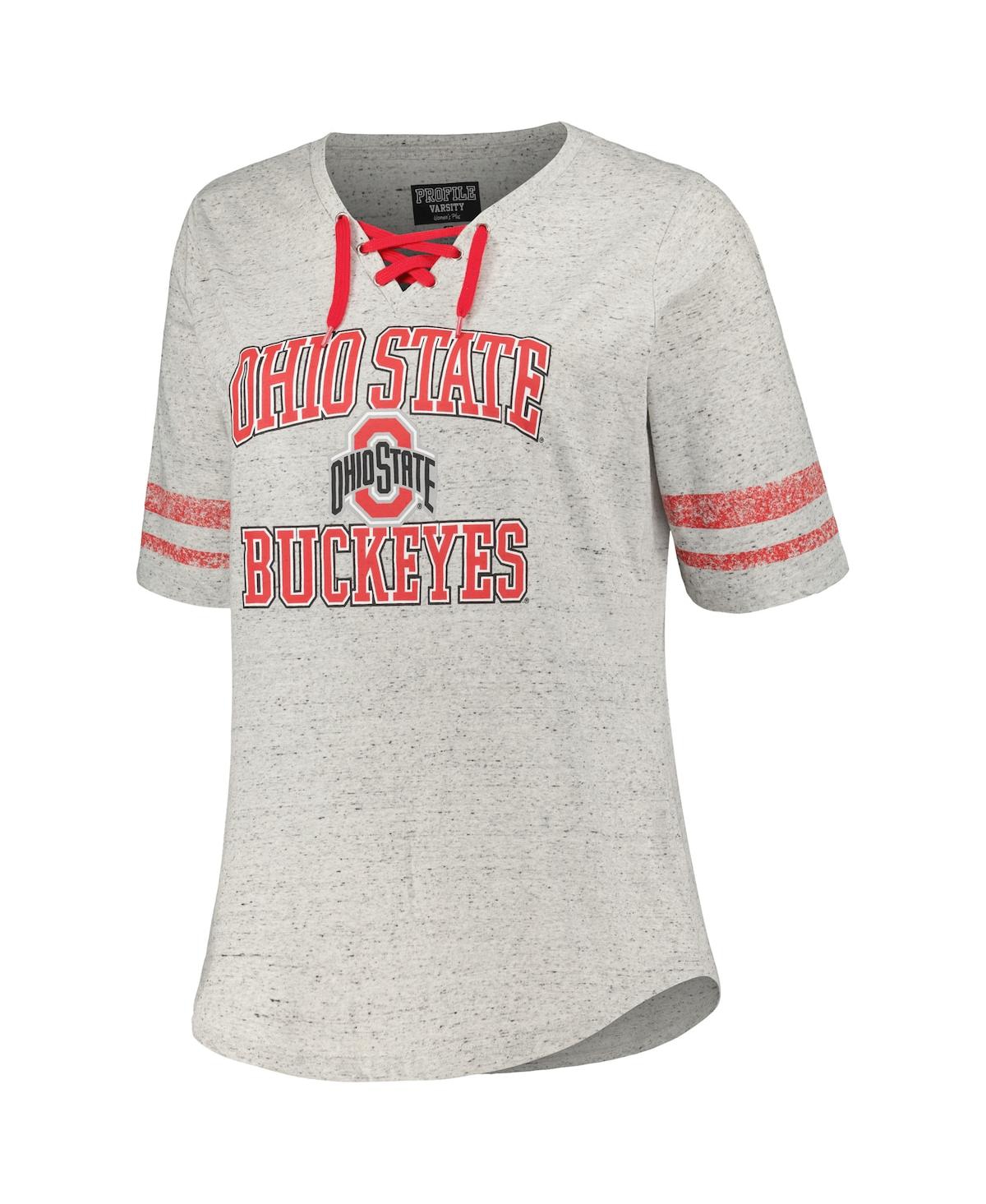 Shop Profile Women's  Heather Gray Ohio State Buckeyes Plus Size Striped Lace-up T-shirt