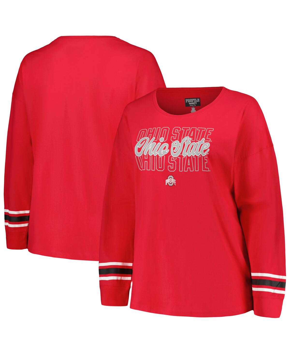 Shop Profile Women's  Scarlet Ohio State Buckeyes Plus Size Triple Script Scoop Neck Long Sleeve T-shirt
