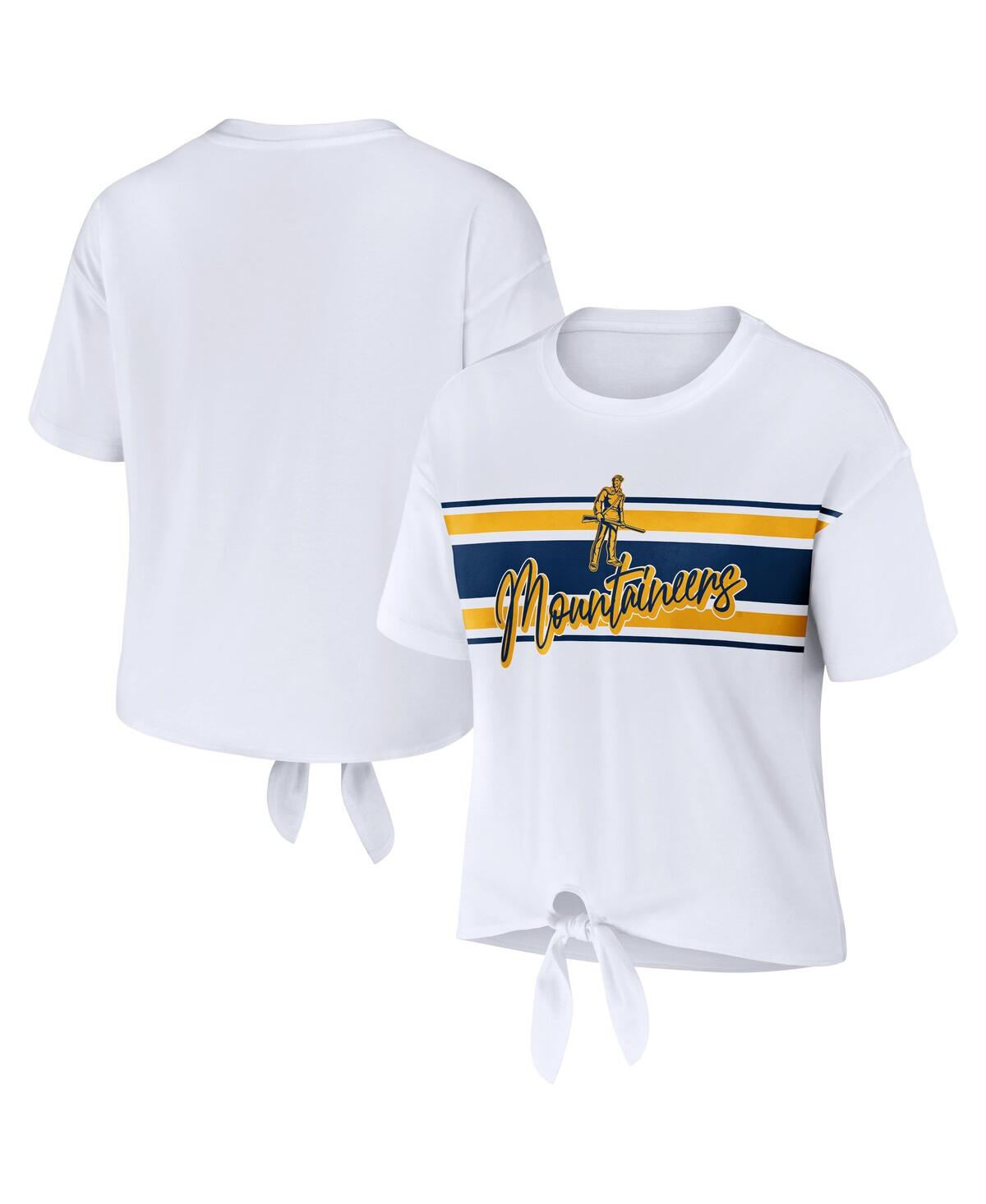 Shop Wear By Erin Andrews Women's  White West Virginia Mountaineers Striped Front Knot Cropped T-shirt