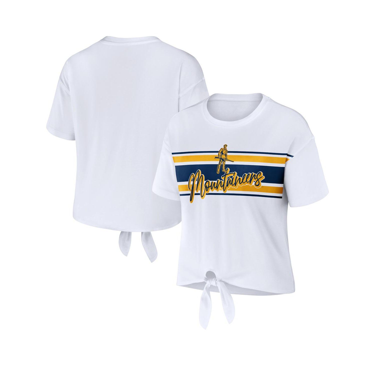 Women's White West Virginia Mountaineers Striped Front Knot Cropped T-shirt