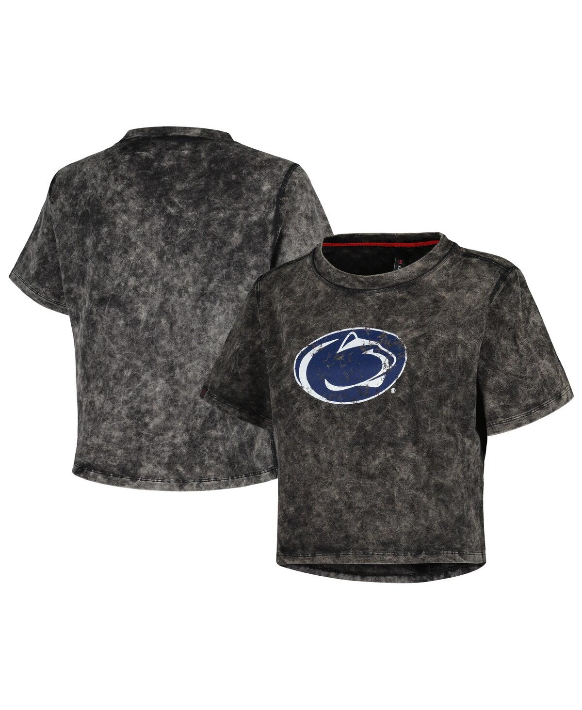 Kadyluxe Women's Black Penn State Nittany Lions Vintage-like Wash Milky Silk Cropped T-shirt