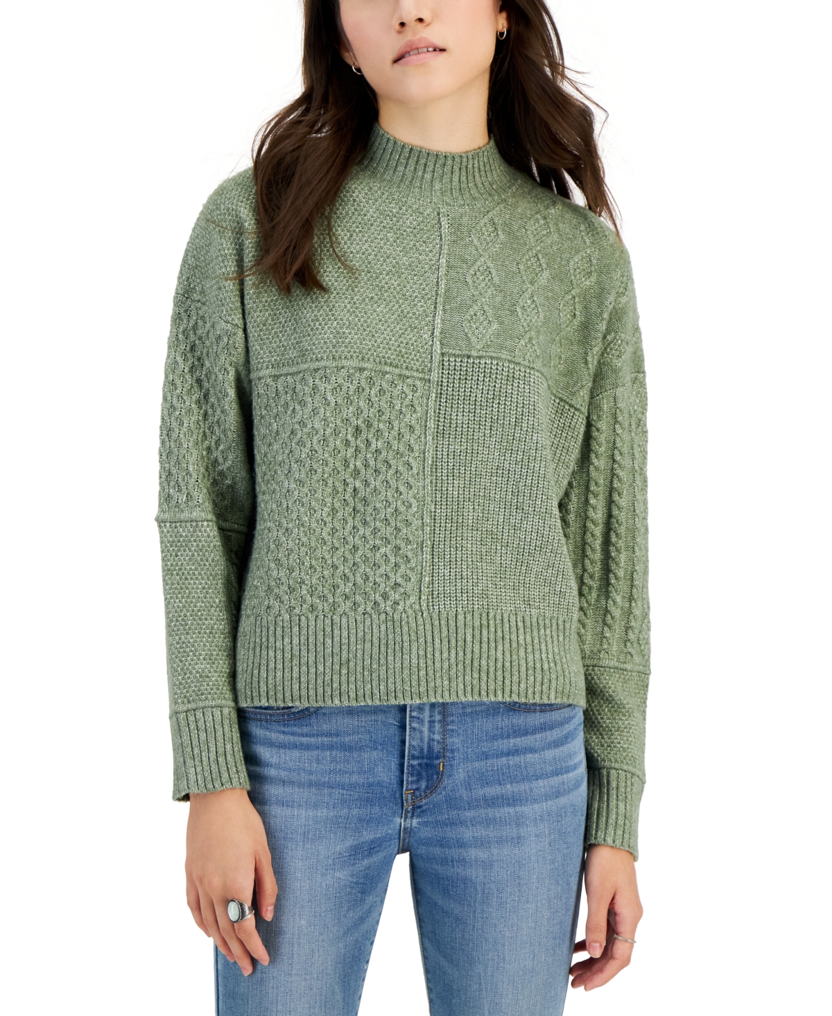 Hippie Rose Juniors' Mock-neck Mixed-stitch Sweater In Willow Green