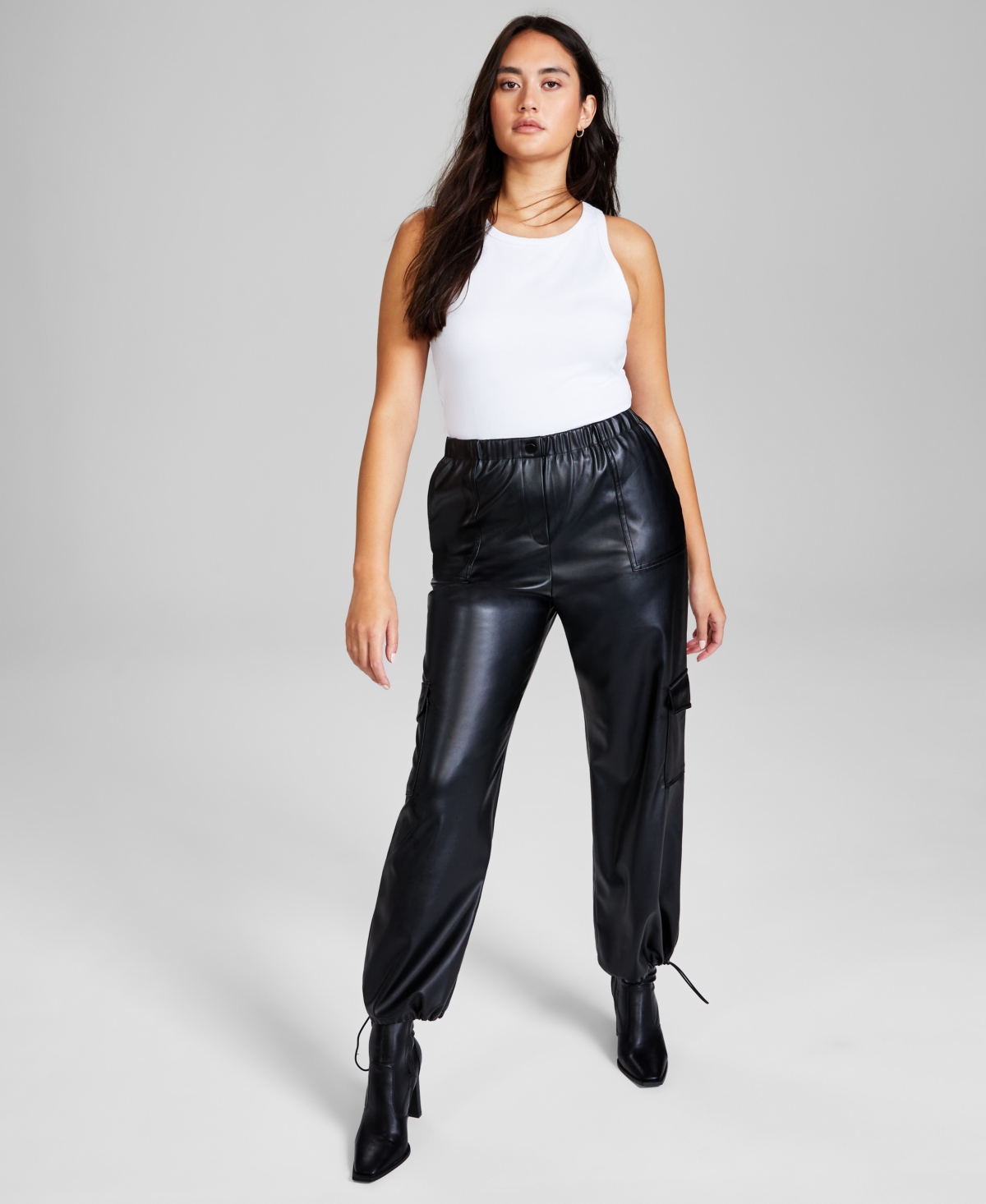 And Now This Women's High Rise Faux Leather Cargo Pants, Created For Macy's In Black